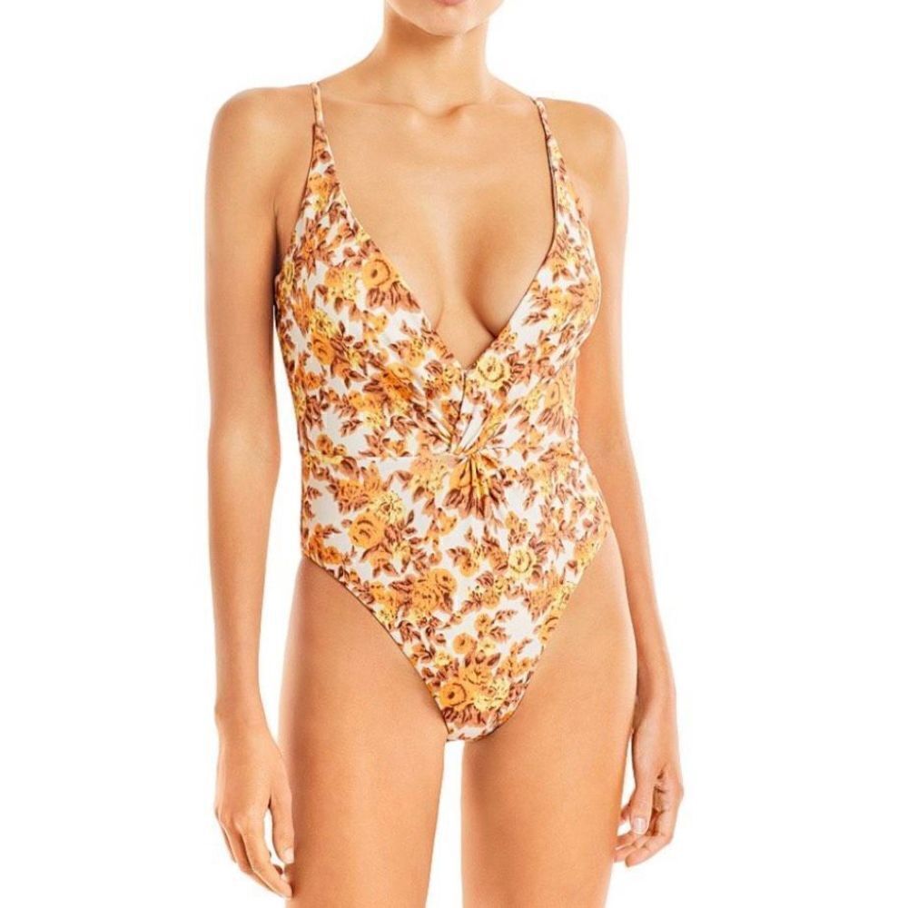 Jonathan Simkhai Ingrid Deep V One Piece Swimsuit 70s Floral Brown Orange XS New
